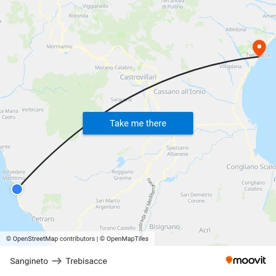Sangineto to Trebisacce map