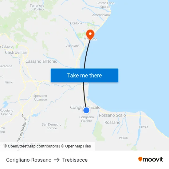 Corigliano-Rossano to Trebisacce map