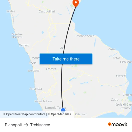 Pianopoli to Trebisacce map