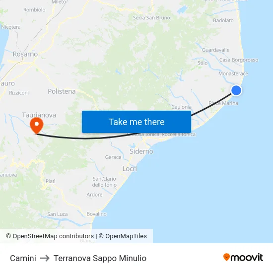 Camini to Terranova Sappo Minulio map