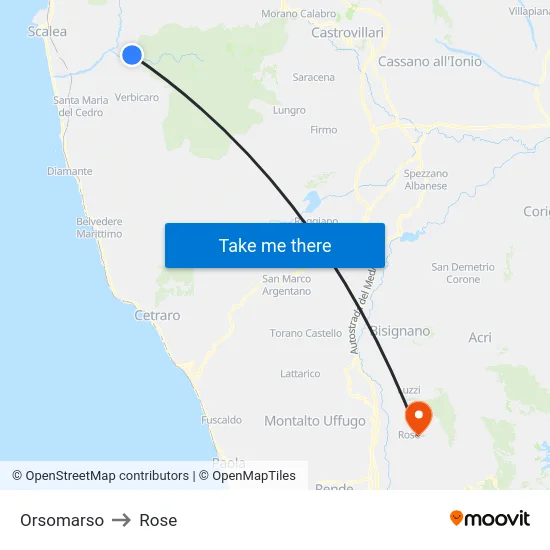 Orsomarso to Rose map