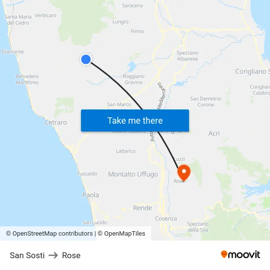 San Sosti to Rose map