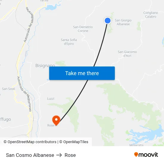 San Cosmo Albanese to Rose map