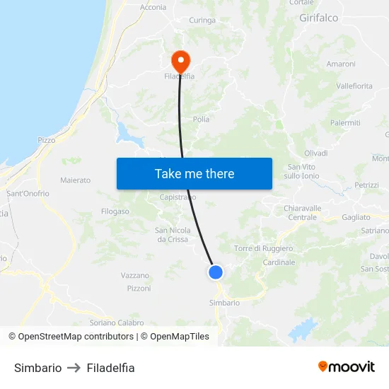 Simbario to Filadelfia map