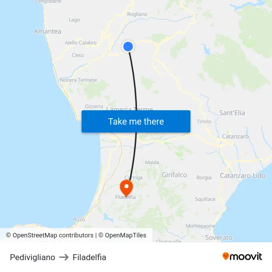 Pedivigliano to Filadelfia map