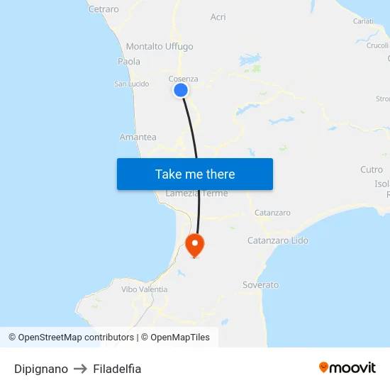 Dipignano to Filadelfia map