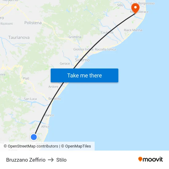 Bruzzano Zeffirio to Stilo map