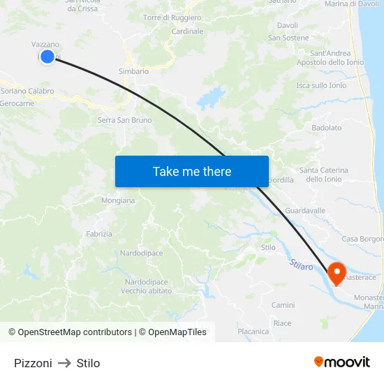 Pizzoni to Stilo map