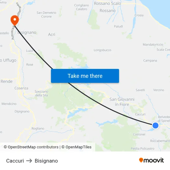 Caccuri to Bisignano map