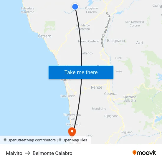 Malvito to Belmonte Calabro map