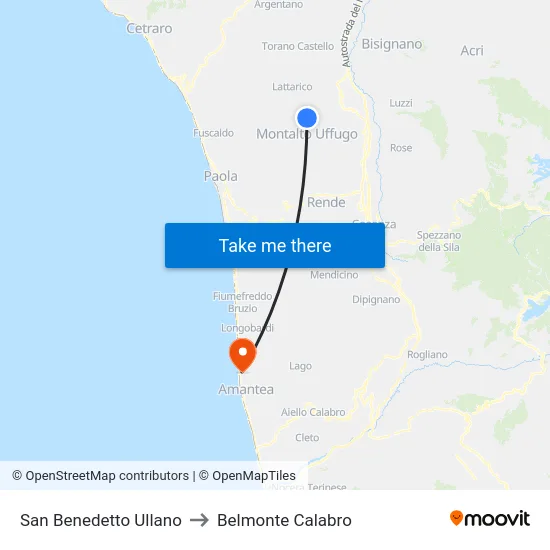 San Benedetto Ullano to Belmonte Calabro map