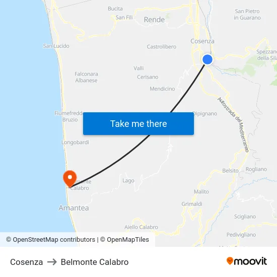 Cosenza to Belmonte Calabro map