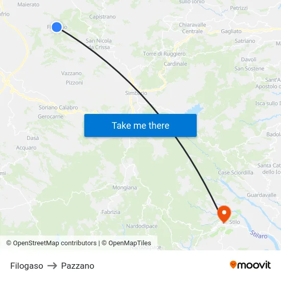 Filogaso to Pazzano map