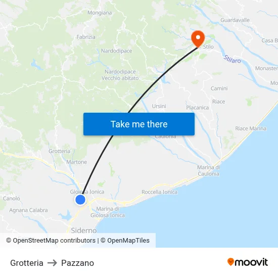 Grotteria to Pazzano map