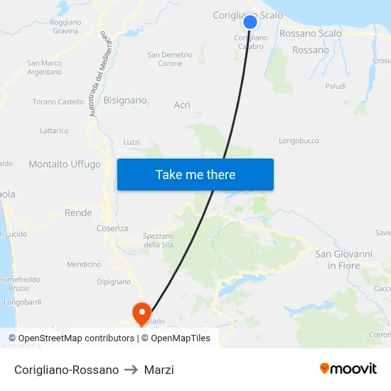 Corigliano-Rossano to Marzi map