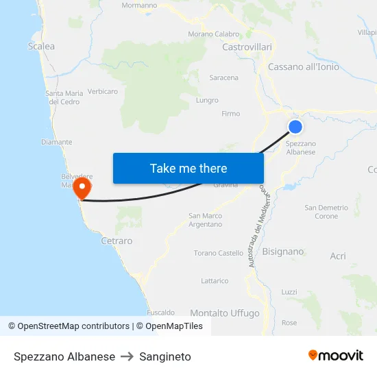 Spezzano Albanese to Sangineto map