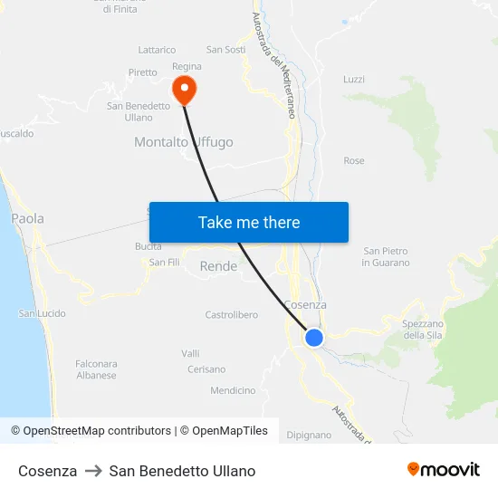 Cosenza to San Benedetto Ullano map