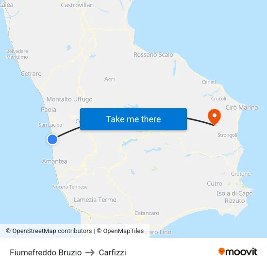 Fiumefreddo Bruzio to Carfizzi map