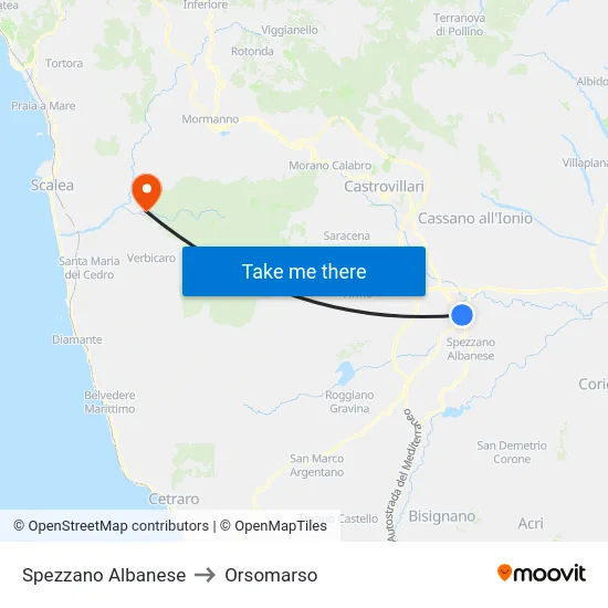 Spezzano Albanese to Orsomarso map