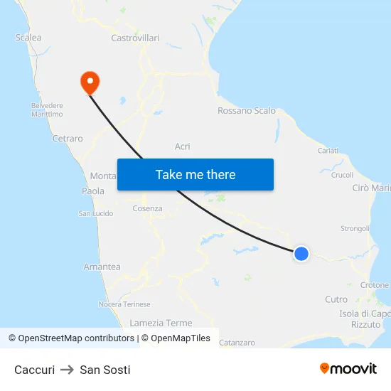 Caccuri to San Sosti map