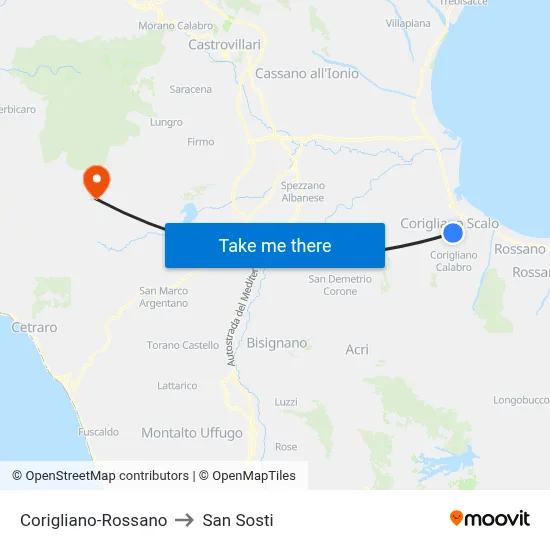 Corigliano-Rossano to San Sosti map