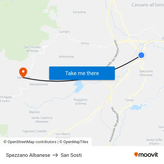 Spezzano Albanese to San Sosti map