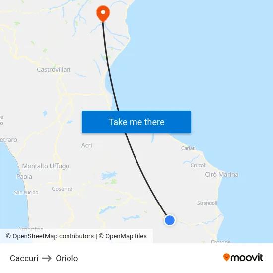 Caccuri to Oriolo map