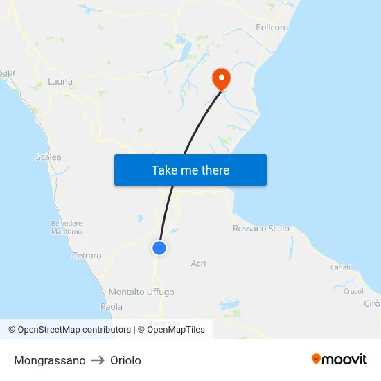 Mongrassano to Oriolo map