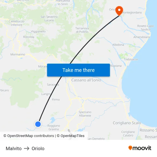 Malvito to Oriolo map