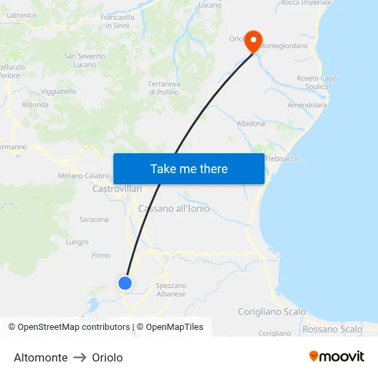 Altomonte to Oriolo map