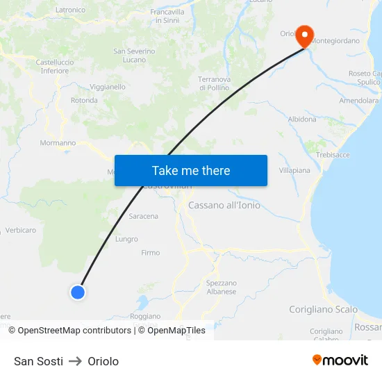 San Sosti to Oriolo map
