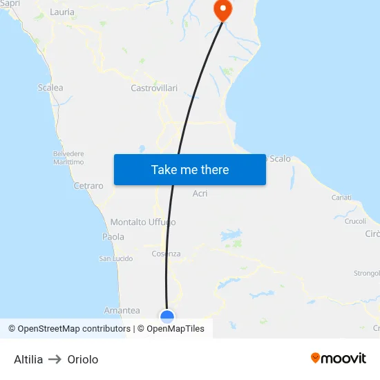 Altilia to Oriolo map