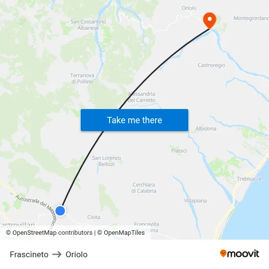 Frascineto to Oriolo map