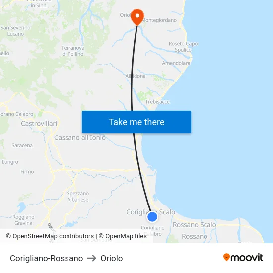 Corigliano-Rossano to Oriolo map