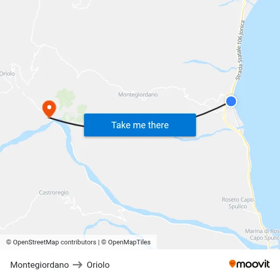 Montegiordano to Oriolo map