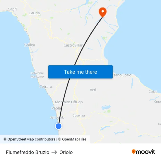 Fiumefreddo Bruzio to Oriolo map