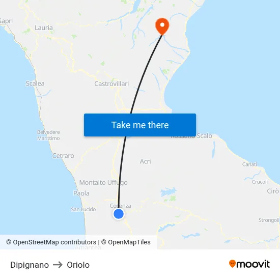 Dipignano to Oriolo map