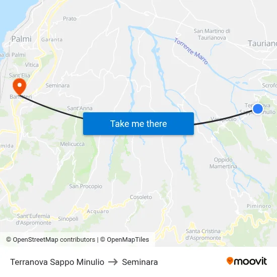 Terranova Sappo Minulio to Seminara map