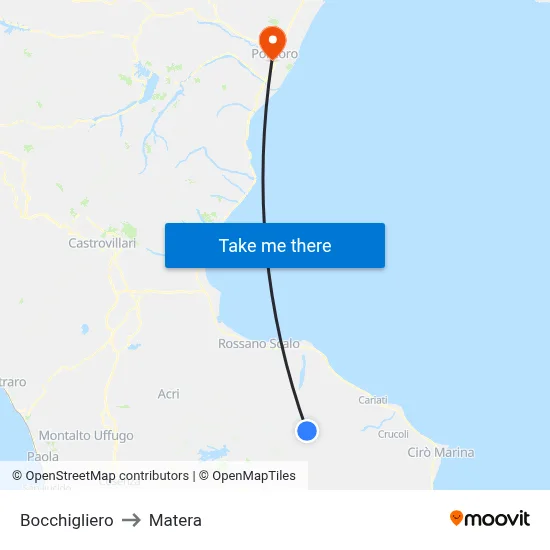 Bocchigliero to Matera map