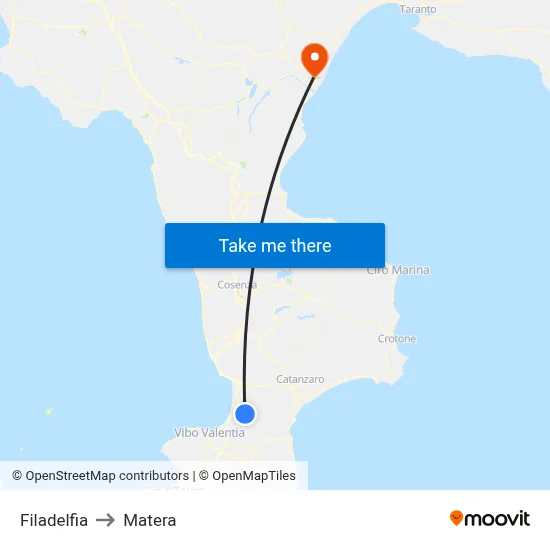 Filadelfia to Matera map