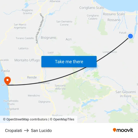 Cropalati to San Lucido map
