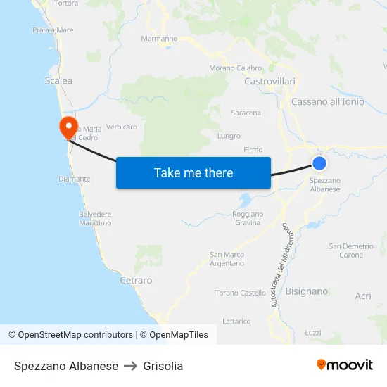 Spezzano Albanese to Grisolia map