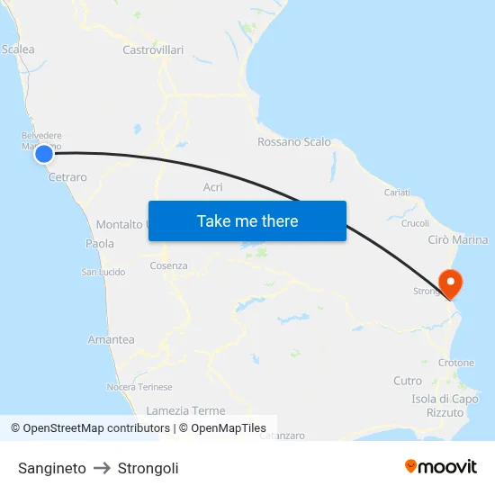 Sangineto to Strongoli map