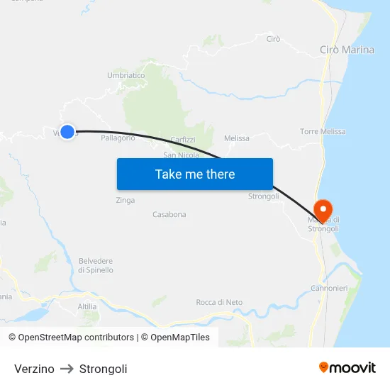 Verzino to Strongoli map