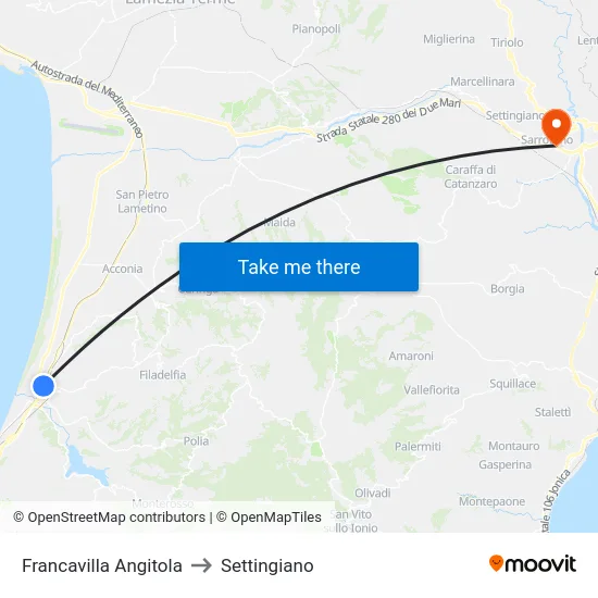 Francavilla Angitola to Settingiano map