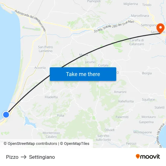 Pizzo to Settingiano map