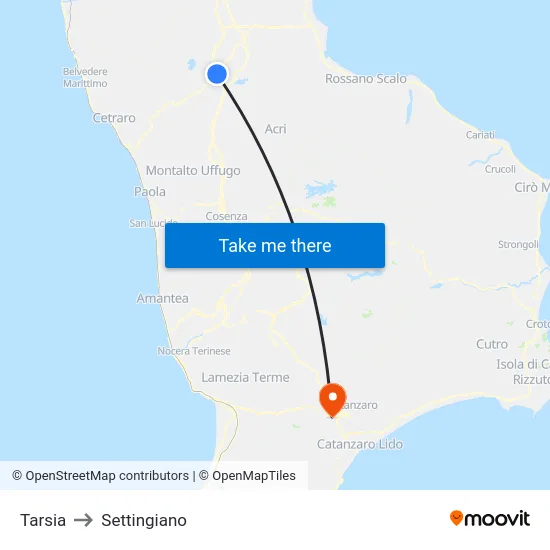 Tarsia to Settingiano map