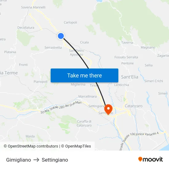 Gimigliano to Settingiano map