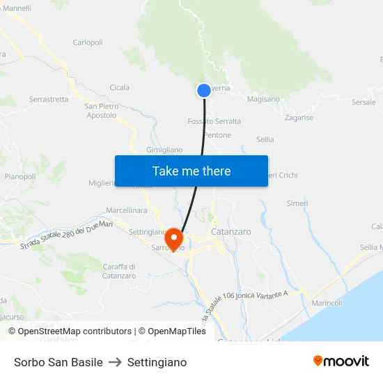 Sorbo San Basile to Settingiano map