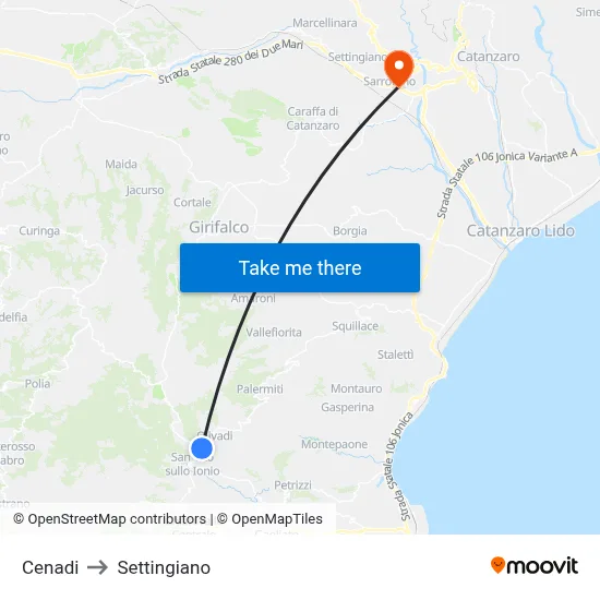 Cenadi to Settingiano map